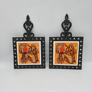 Vintage Holt Howard Cast Iron Ceramic Lobster Trivet Japan Fujimiyaki Set of Two